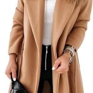 Womens Classic Coat Lapel Collar Open Front Belted Long Jacket