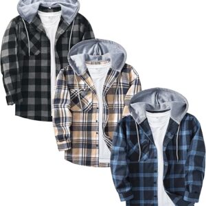 ZITY 3 Pack Men's Flannel Hoodie Shirts Long Sleeve