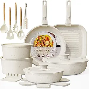 Astercook 23 Pcs Pots and Pans Non Stick Ceramic Cookware Set Detachable Handle,