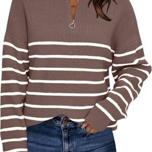 LILLUSORY Women's Quarter Zip Striped Oversized Sweater