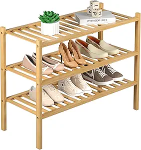 3 Tier Bamboo Shoe Rack for Closet Free Standing Wood Shoe
