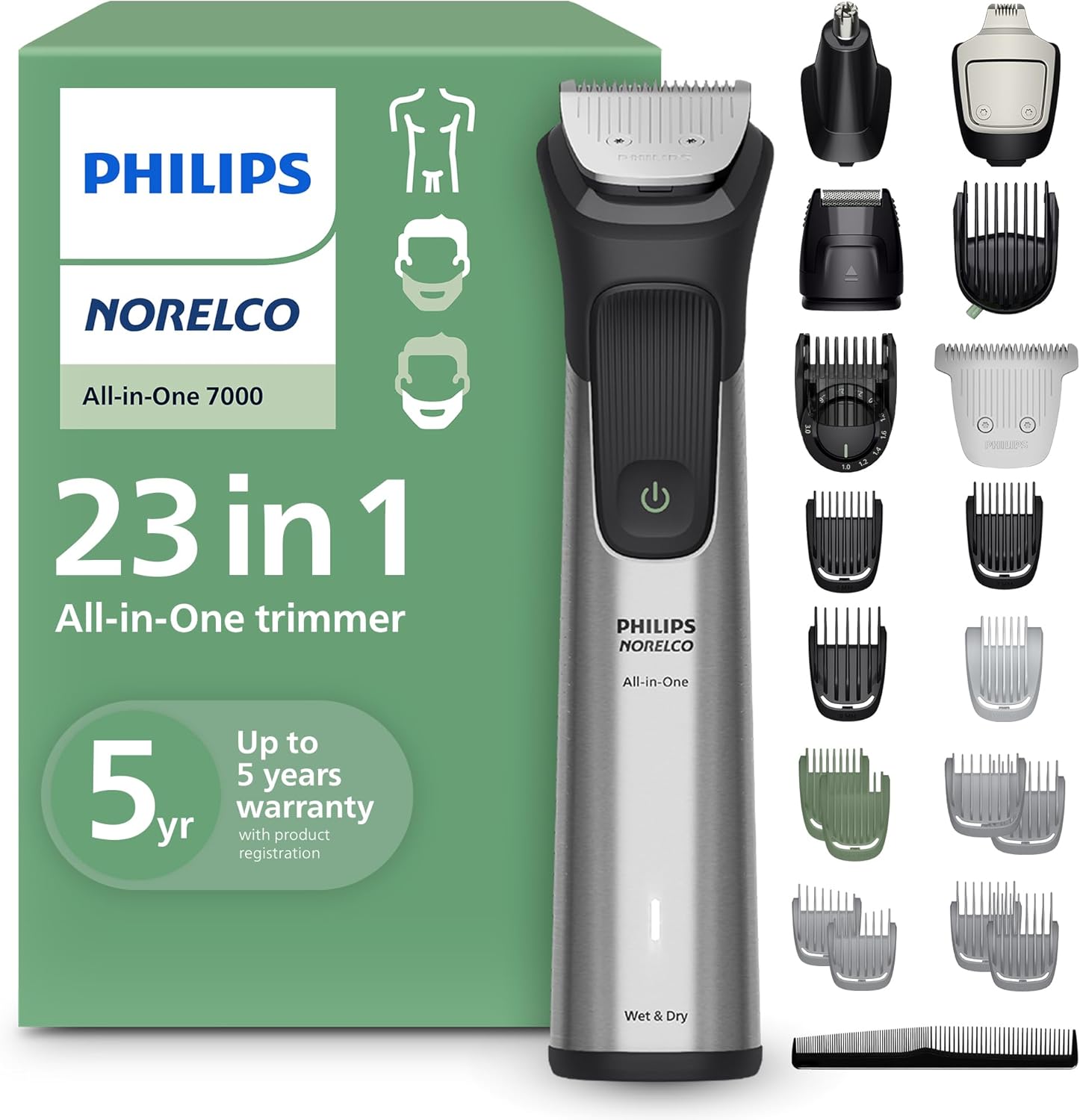 Norelco Philips All-in-One 7000 Series 23-Piece Trimmer - Electric Shaver and Clipper for Face, Beard,