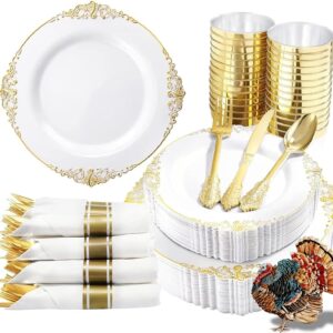 Nervure 350PCS Gold Plastic Plates - Gold Plastic Dinnerware Sets for 50 Guests
