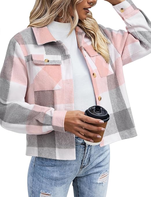 Zeagoo Flannels for Women Cropped Shacket Jacket Fashion