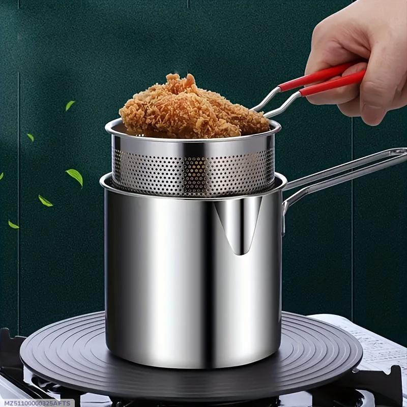 Stainless Steel Deep Fryer Pot with Strainer – 1200ml Silver Oil Filter & Frying Pot