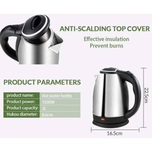 Stainless Steel Electric Kettle – 2.0L Silver & Black Fast Boil Tea/Coffee Maker - Image 2